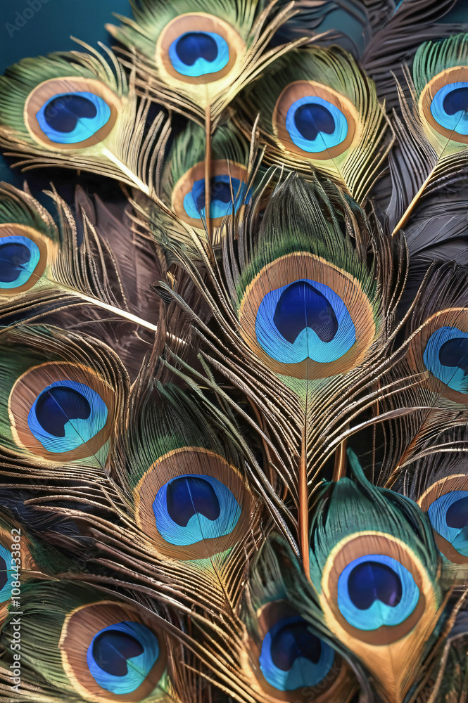 Obraz premium Close-up view of vibrant peacock feathers, showcasing intricate details, iridescent hues, & unique patterns. Fan-like arrangement creates sense of movement, with soft natural lighting enhancing beauty