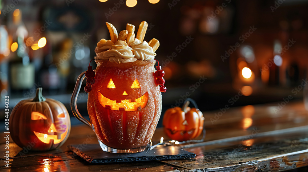 Drink and french fries with a funny bread character and spooky Halloween elements, perfect for a fun party Drink and french fries with a funny bread character and spooky Halloween elements, perfect for a fun party