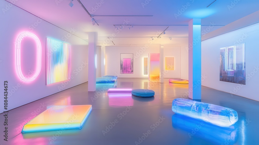 Futuristic Art Installation in Neon Bright Space Futuristic Art Installation in Neon Bright Space