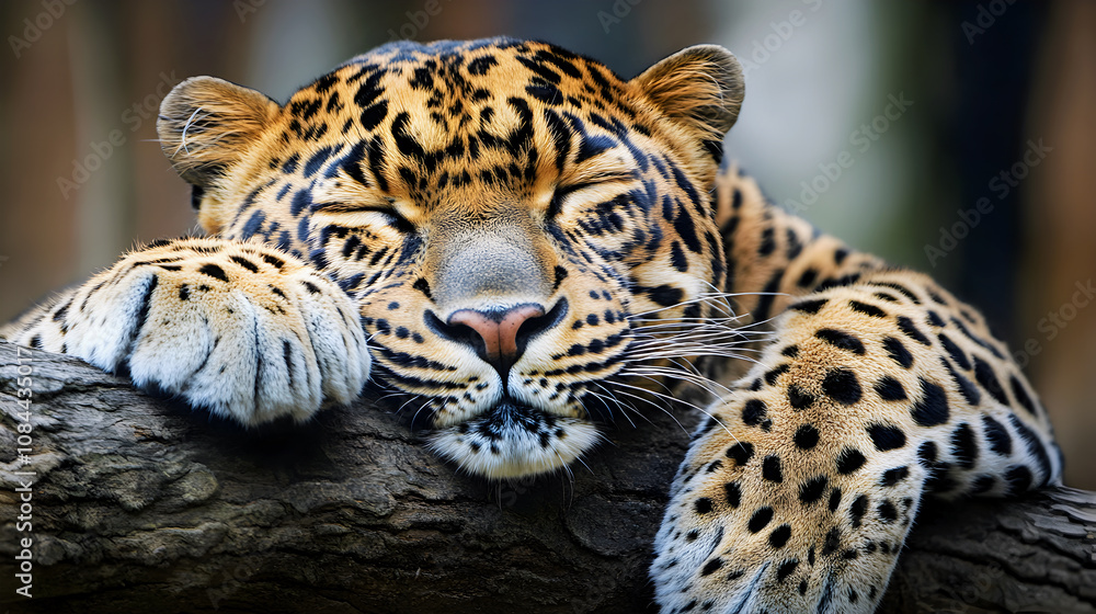 Obraz premium A majestic Amur leopard, a powerful predator with a striking spotted coat, stares intently into the camera