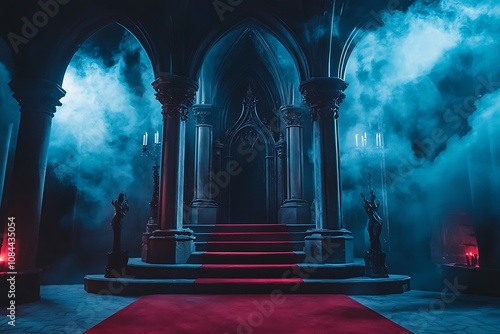 A vampire-themed podium with towering gothic columns and a dark red carpet in a haunted castle photo