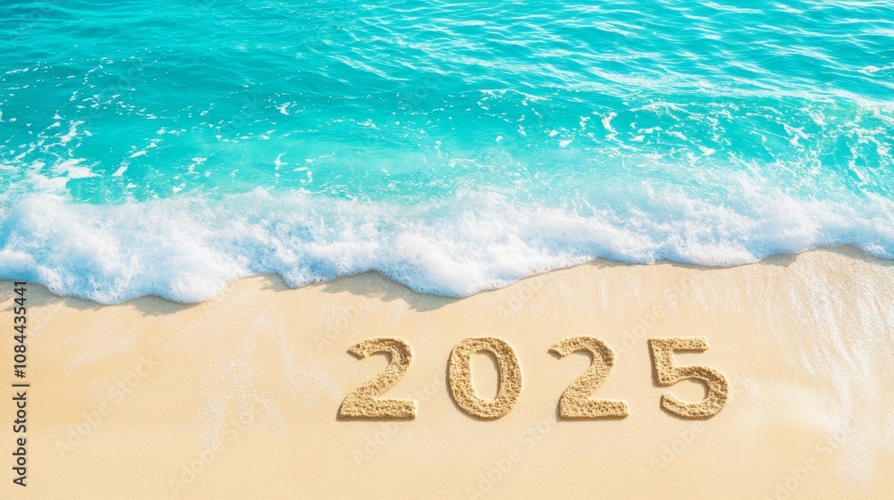 Obraz premium 2025 Written in Sand as Waves Gently Wash Ashore.