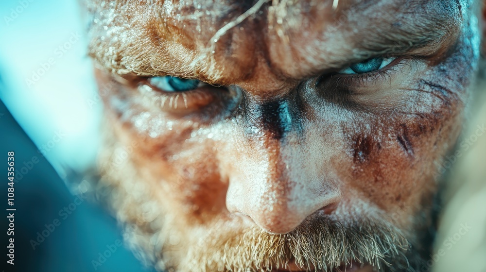 A rugged warrior with deep blue eyes, battle scars, and a determined expression, evoking a sense of strength and resolve in a gripping visual. A rugged warrior with deep blue eyes, battle scars, and a determined expression, evoking a sense of strength and resolve in a gripping visual.