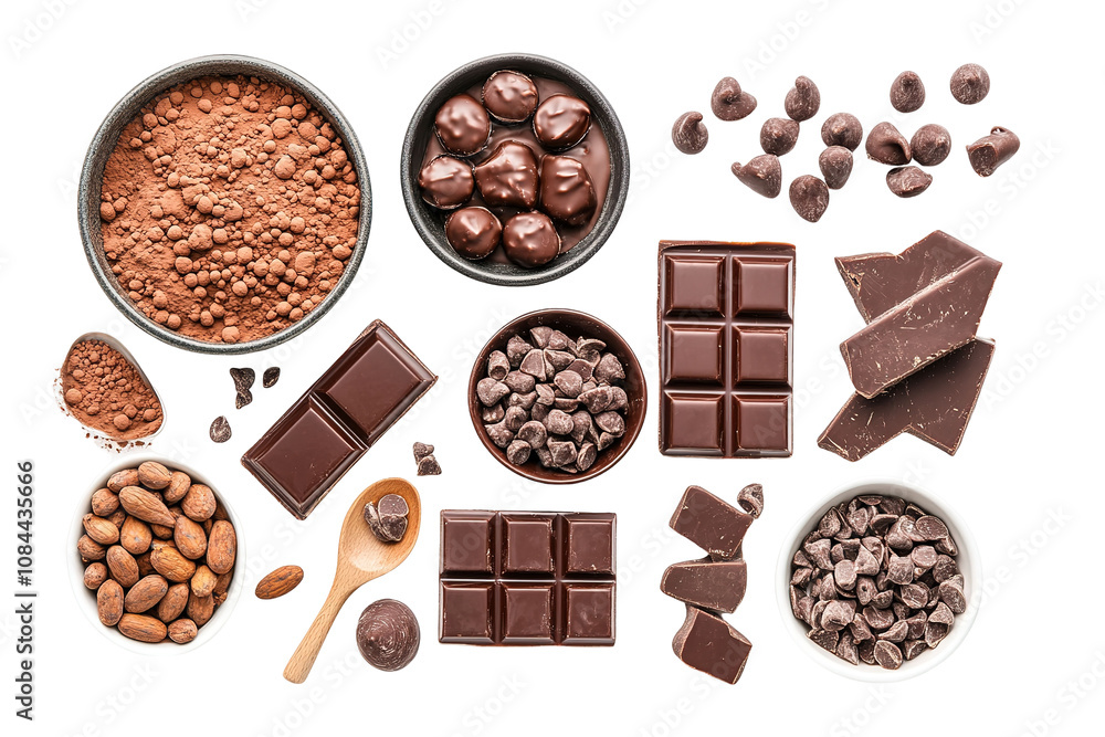 A variety of chocolate bars and nuts are displayed . on transparent background. A variety of chocolate bars and nuts are displayed . on transparent background.