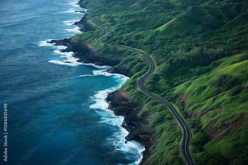 A road runs along the shoreline of a body of water. The road is surrounded by lush green hills and trees. The water is calm and blue, with waves breaking on the shore. The scene is peaceful and serene A road runs along the shoreline of a body of water. The road is surrounded by lush green hills and trees. The water is calm and blue, with waves breaking on the shore. The scene is peaceful and serene