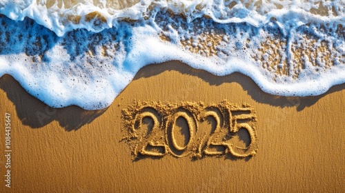 2025 Written in Sand as Waves Gently Wash Ashore. 