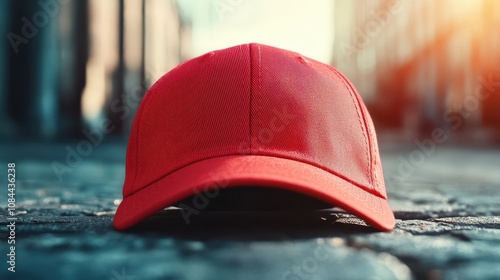 A red cap placed on a cobblestone street, bathed in soft sunlight, capturing the essence of a quiet urban morning and drawing attention to the vibrant accessory. photo