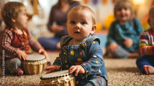 Playful music class for babies with little ones discovering instruments