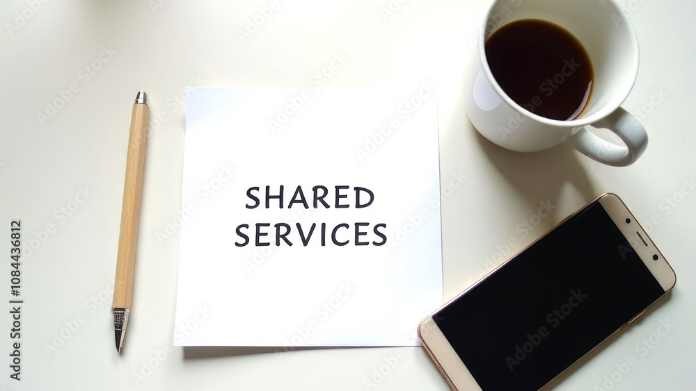 Shared services. White a sheet of paper with text, cup of coffee, smartphone and a notebook, on the white table. Business concept Shared services. White a sheet of paper with text, cup of coffee, smartphone and a notebook, on the white table. Business concept