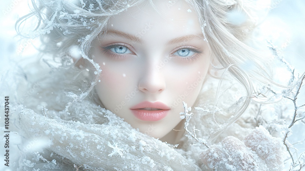 a beautiful winter scene where a stunning woman captivates with elegance and style. Her fair, radiant skin contrasts against the soft, snowy background, a beautiful winter scene where a stunning woman captivates with elegance and style. Her fair, radiant skin contrasts against the soft, snowy background,