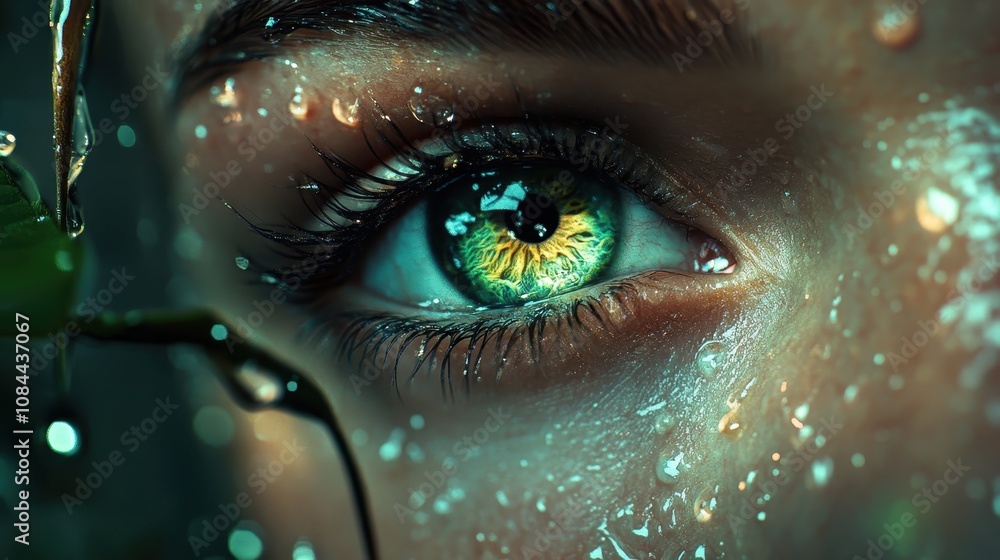 This image showcases a mesmerizing green eye surrounded by water droplets and foliage, blending nature with human elements, symbolizing the fusion of earth and soul. This image showcases a mesmerizing green eye surrounded by water droplets and foliage, blending nature with human elements, symbolizing the fusion of earth and soul.