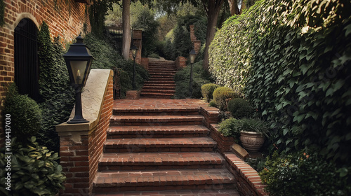 Timeworn brick stairs in a historic courtyard, surrounded by ivy-covered walls and vintage lanterns, creating a timeless atmosphere.