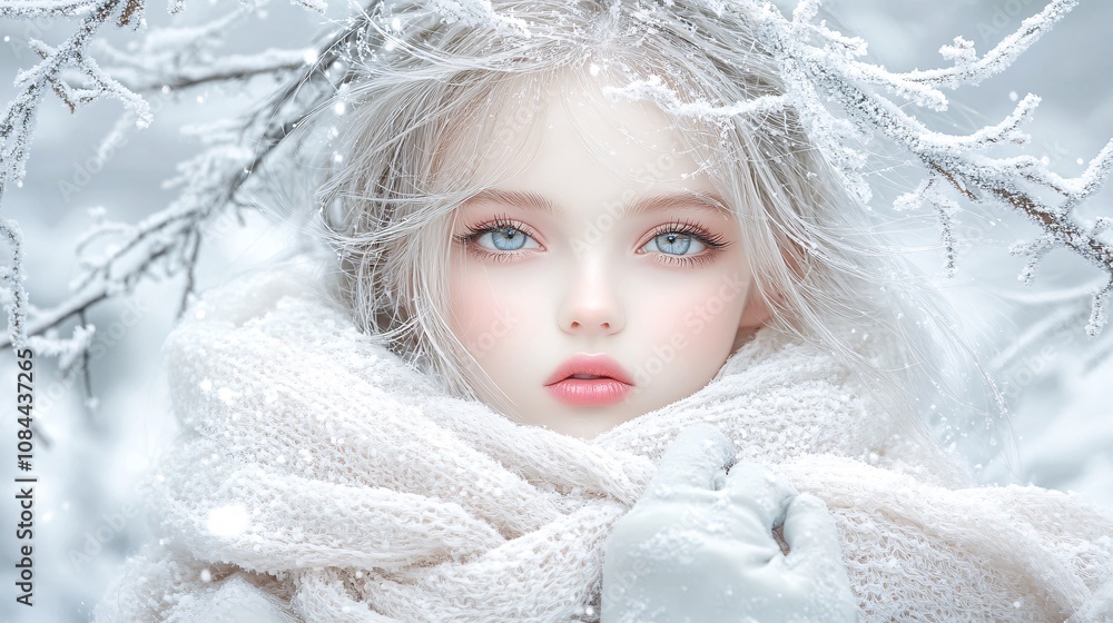 a beautiful winter scene where a stunning woman captivates with elegance and style. Her fair, radiant skin contrasts against the soft, snowy background, a beautiful winter scene where a stunning woman captivates with elegance and style. Her fair, radiant skin contrasts against the soft, snowy background,