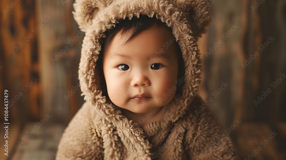 Baby dressed in a cozy bear onesie for a winter-themed photoshoot Baby dressed in a cozy bear onesie for a winter-themed photoshoot