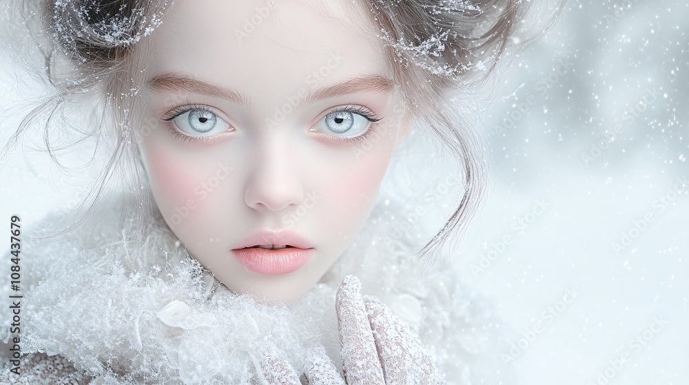a beautiful winter scene where a stunning woman captivates with elegance and style. Her fair, radiant skin contrasts against the soft, snowy background, a beautiful winter scene where a stunning woman captivates with elegance and style. Her fair, radiant skin contrasts against the soft, snowy background,