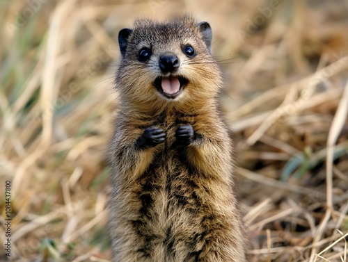 Adorable rock hyrax standing tall with a joyful expression.