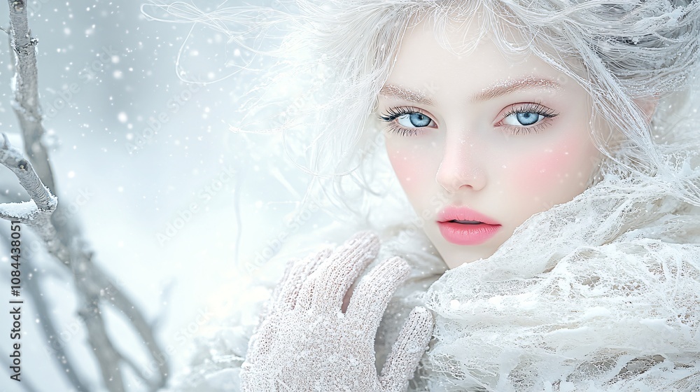 a beautiful winter scene where a stunning woman captivates with elegance and style. Her fair, radiant skin contrasts against the soft, snowy background, a beautiful winter scene where a stunning woman captivates with elegance and style. Her fair, radiant skin contrasts against the soft, snowy background,
