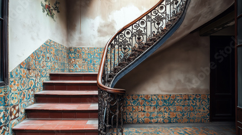 Vintage staircase with Retro design, patterned tiles and wrought iron railings