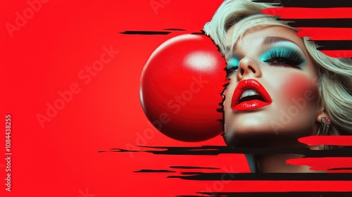 An abstract, surrealistic image featuring a woman wearing vivid makeup juxtaposed with a large red ball, crafted to create a striking visual affair. photo