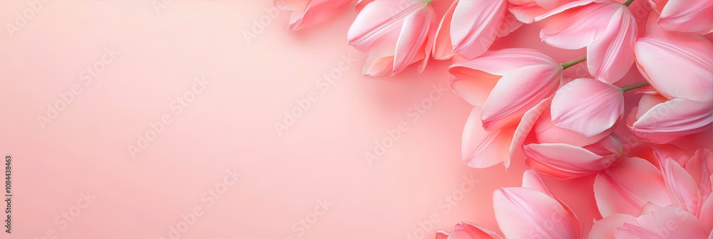 A Bunch of Blooming Pink Tulips Arranged on a Soft Pink Background in Springtime Beauty A Bunch of Blooming Pink Tulips Arranged on a Soft Pink Background in Springtime Beauty