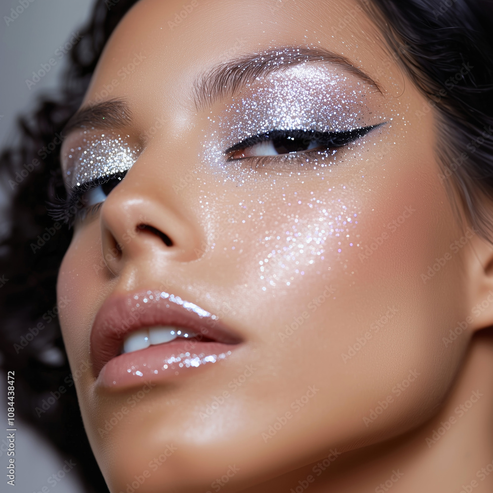Φωτογραφία Close-up of a model’s face with shimmering, dewy skin and icy glitter around the eyes, creating a chic, ethereal look that combines elegance with modern allure