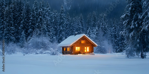 Cozy cabin glowing warmly amidst a snowy forest landscape . 4k image