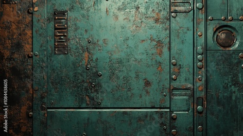 Weathered Teal Metal Panel with Industrial Details - Rust Texture Background