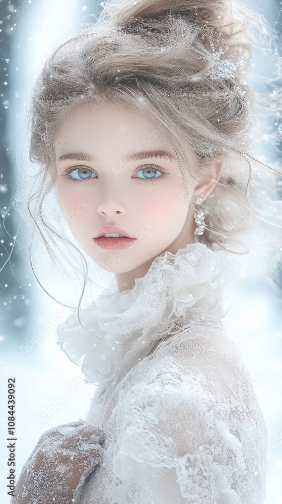 a beautiful winter scene where a stunning woman captivates with elegance and style. Her fair, radiant skin contrasts against the soft, snowy background, a beautiful winter scene where a stunning woman captivates with elegance and style. Her fair, radiant skin contrasts against the soft, snowy background,