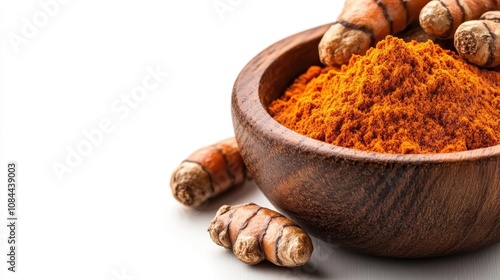 A vibrant wooden bowl filled with bright orange turmeric powder, surrounded by fresh turmeric roots, showcased on a clean white background. photo