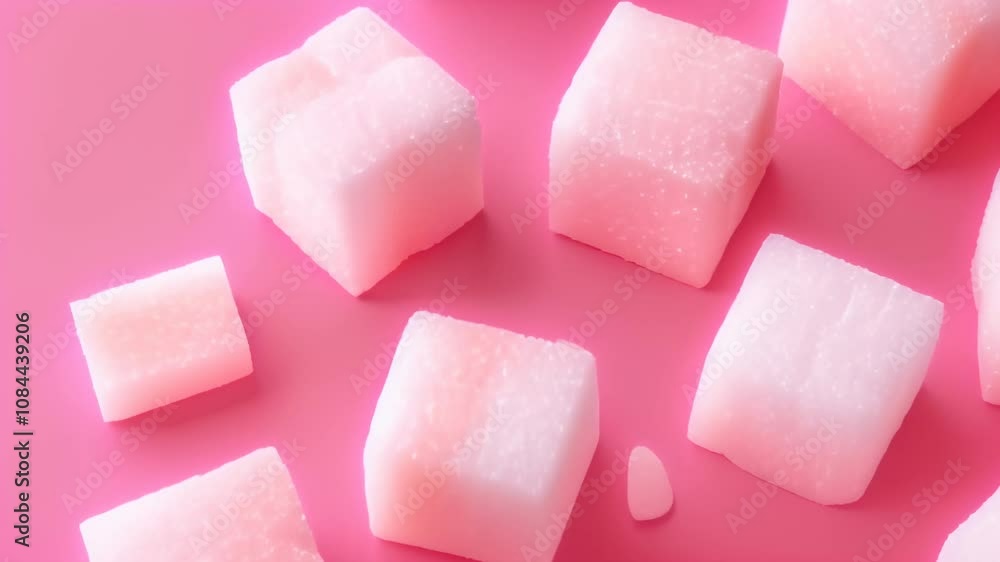 Several pink sugary cubes are scattered on a pink surface, creating a visually appealing arrangement with a small heart shaped candy adding a touch of sweetness Several pink sugary cubes are scattered on a pink surface, creating a visually appealing arrangement with a small heart shaped candy adding a touch of sweetness