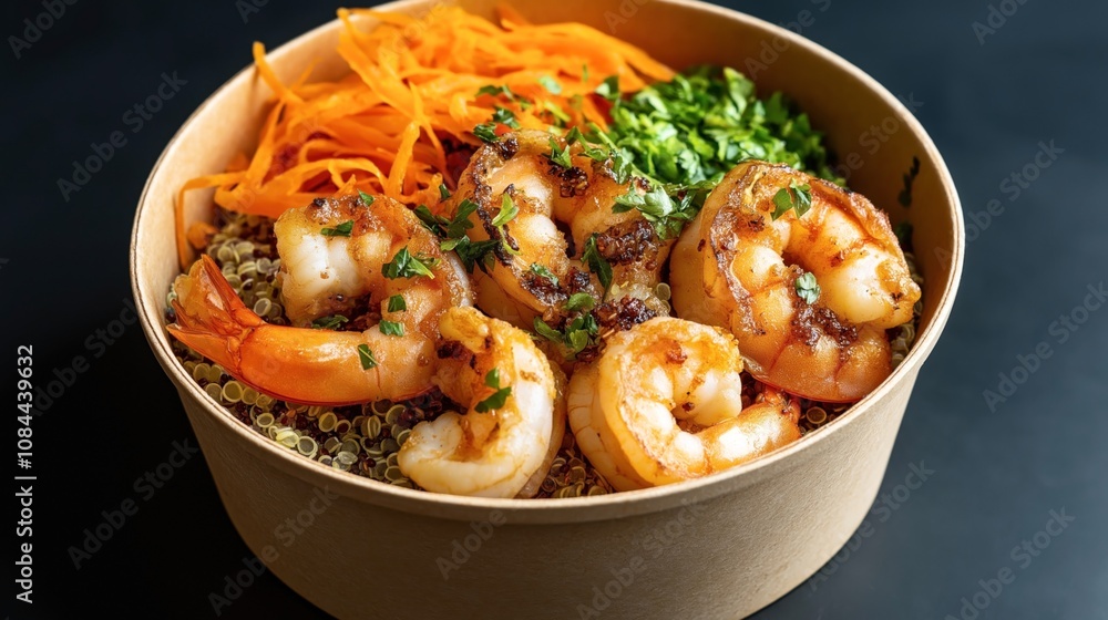 Bowl of quinoa topped with grilled shrimp, shredded carrots, and fresh herbs on a dark background Bowl of quinoa topped with grilled shrimp, shredded carrots, and fresh herbs on a dark background