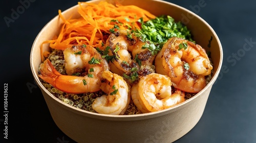 Bowl of quinoa topped with grilled shrimp, shredded carrots, and fresh herbs on a dark background