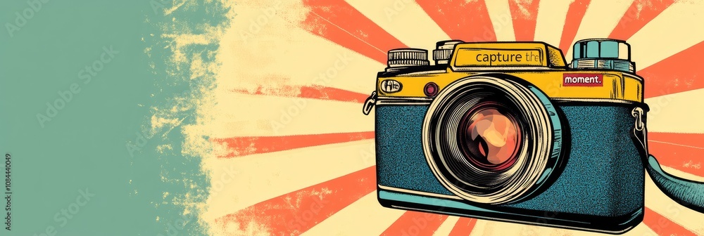 Fototapeta premium A quirky, cartoonish camera with a big flash and pop art colors, ready to capture the moment