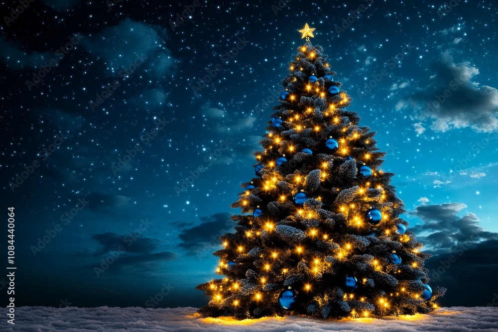 A tall Christmas tree with sapphire blue lights, under a bright cyan and midnight sky with scattered stars, giving a frosty ambiance A tall Christmas tree with sapphire blue lights, under a bright cyan and midnight sky with scattered stars, giving a frosty ambiance