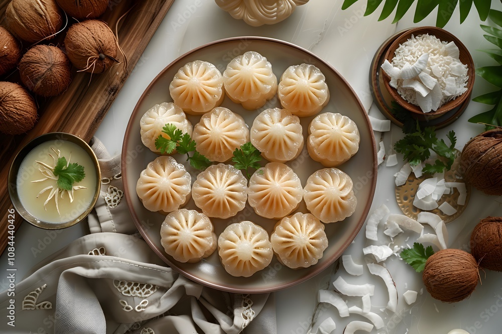 Steamed dumplings garnished with shredded carrots served on a rustic plate with dipping sauces. Flat lay food photography Steamed dumplings garnished with shredded carrots served on a rustic plate with dipping sauces. Flat lay food photography