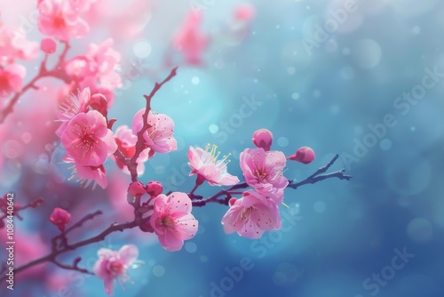 Blossoming pink cherry flowers against soft blue bokeh