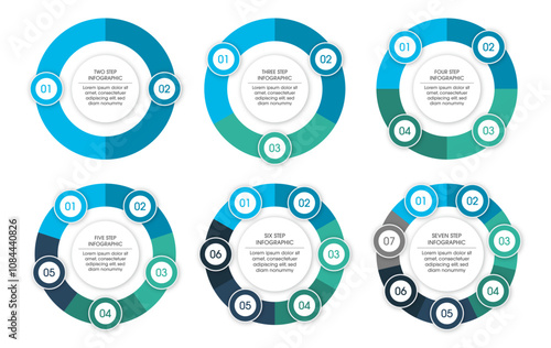Set of Circle Infographic Diagrams with 2, 3, 4, 5, 6, and 7 Segments/Sections