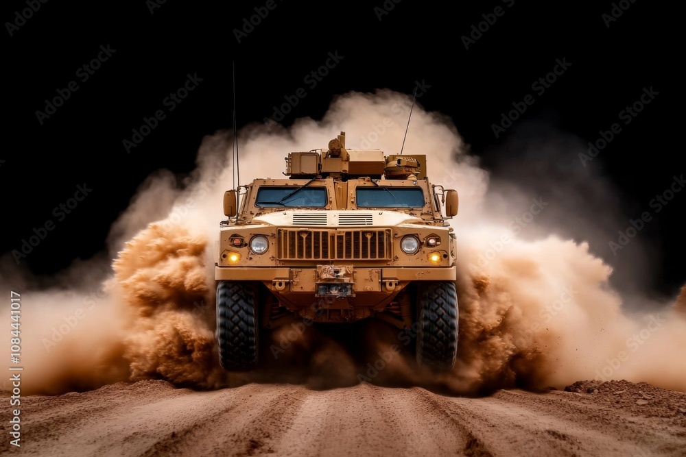 Fototapeta premium Armored vehicles advancing through a dusty war zone, dramatic lighting and shadows