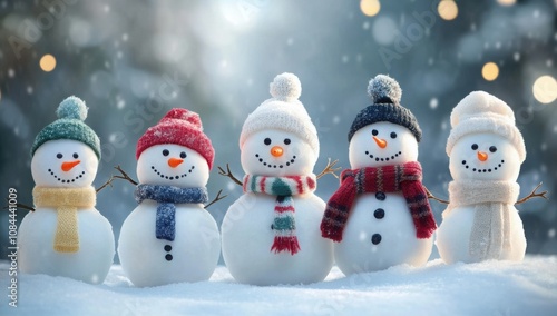 Snowmen standing in winter Christmas landscape. Winter background.