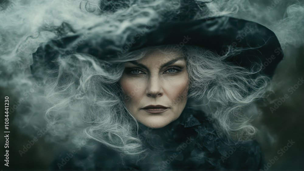 Mysterious Wizard Woman Casting Spells Among Swirling Fog in an Enchanted Forest at Twilight Mysterious Wizard Woman Casting Spells Among Swirling Fog in an Enchanted Forest at Twilight
