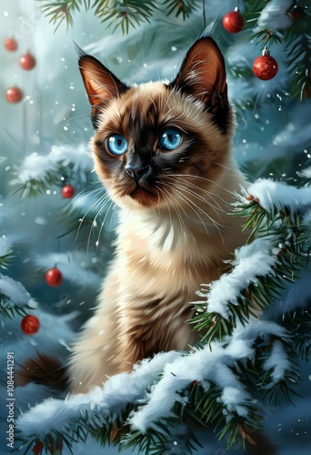 A Siamese cat with blue eyes peeking out from behind spruce branches sprinkled with snowdrifts, with elegant Christmas tree toys hanging from the branches.