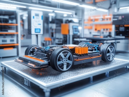 Electric car research and development with ev car with pack of battery cells module on platform in laboratory