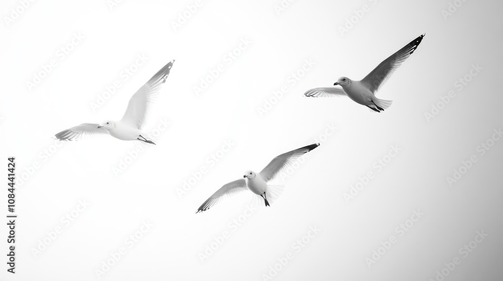 Obraz premium Graceful Seagulls in Flight Against a Crisp White Background: Isolated Avian Wonders from the Sea
