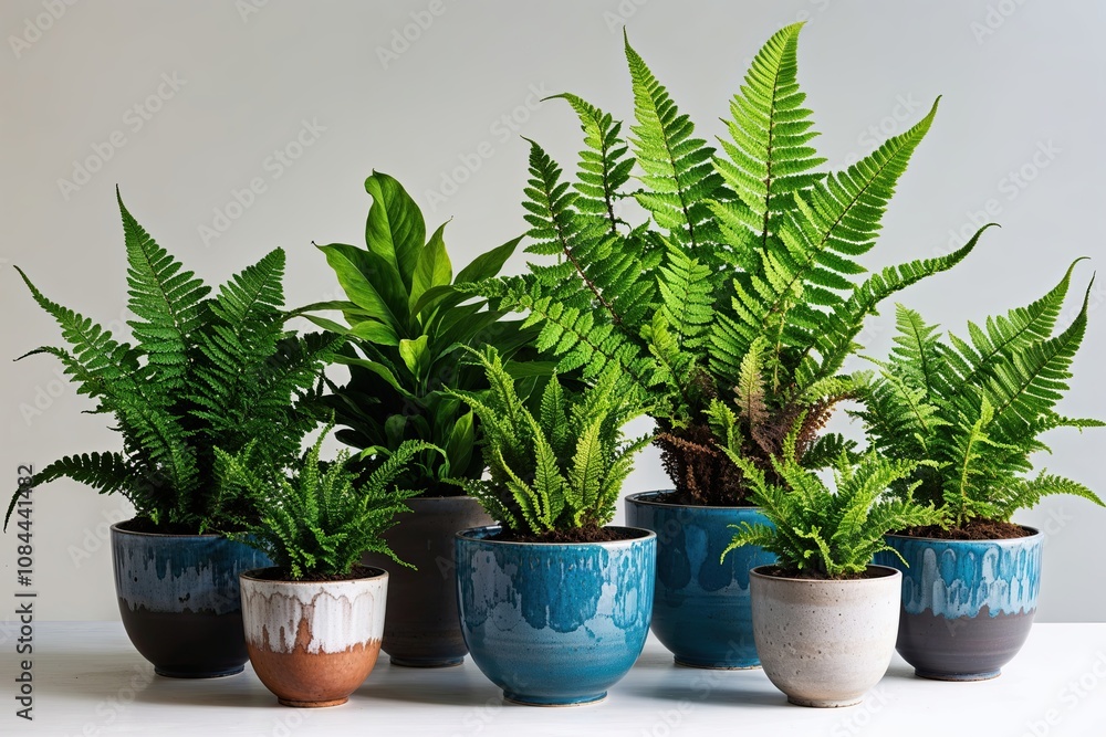 Ensemble of Enchanting Ferns in Artistic Pots Against a Clear Background Ensemble of Enchanting Ferns in Artistic Pots Against a Clear Background