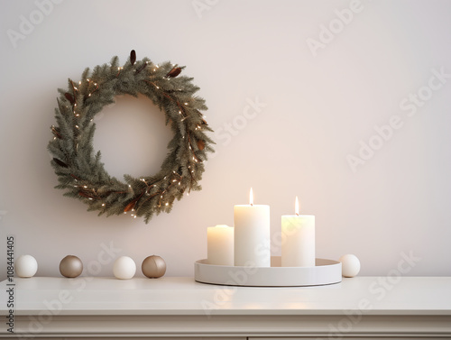 Cozy Christmas vibes, closeup of Advent time candles and wreath. Cozy holiday minimalist living room composition. Wreath and candles. photo