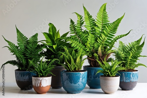 Ensemble of Enchanting Ferns in Artistic Pots Against a Clear Background