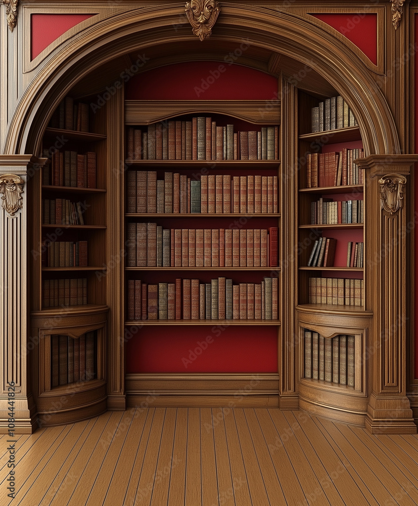 A room featuring a bookshelf and a door. A room featuring a bookshelf and a door.