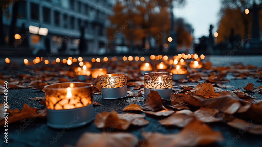Rows of lit tealight candles arranged on a city street surrounded by autumn leaves, creating a warm and serene atmosphere in an urban setting. Rows of lit tealight candles arranged on a city street surrounded by autumn leaves, creating a warm and serene atmosphere in an urban setting.