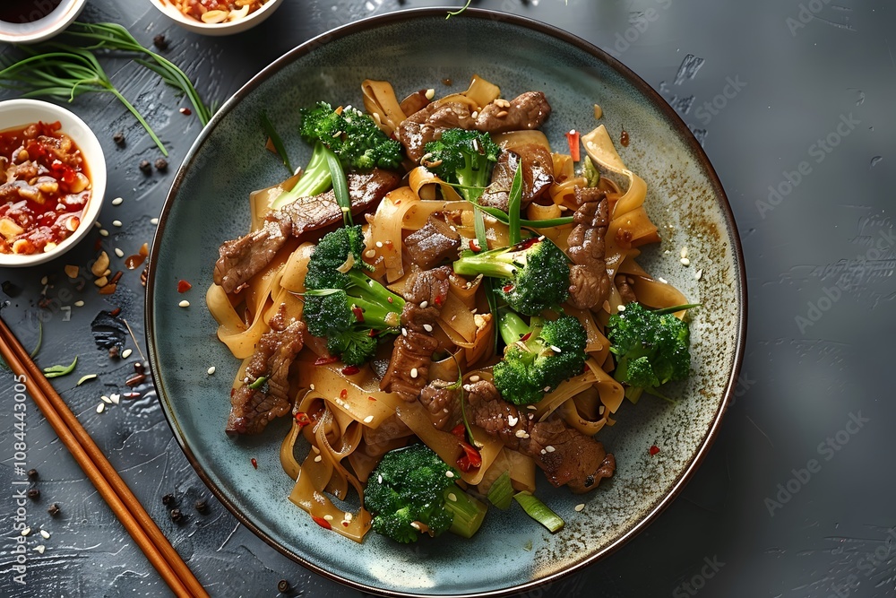 Beef stir fry with broccoli and noodles garnished with sesame seeds and served on a ceramic plate. Flat lay food photography.