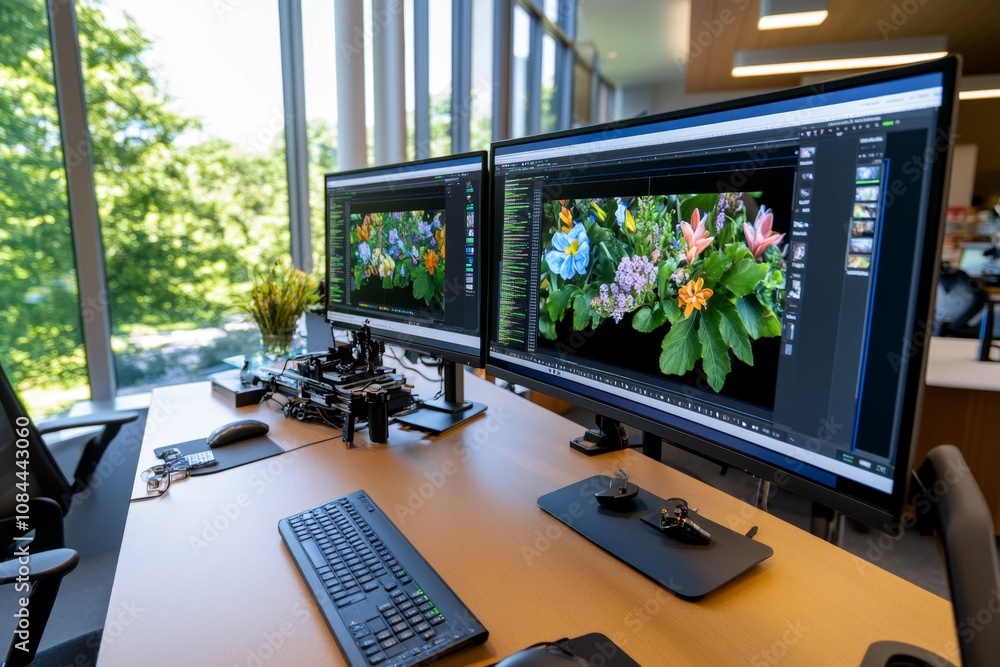 Naklejka premium Editing station with dual monitors displaying video cuts and color grading, a tech-savvy environment